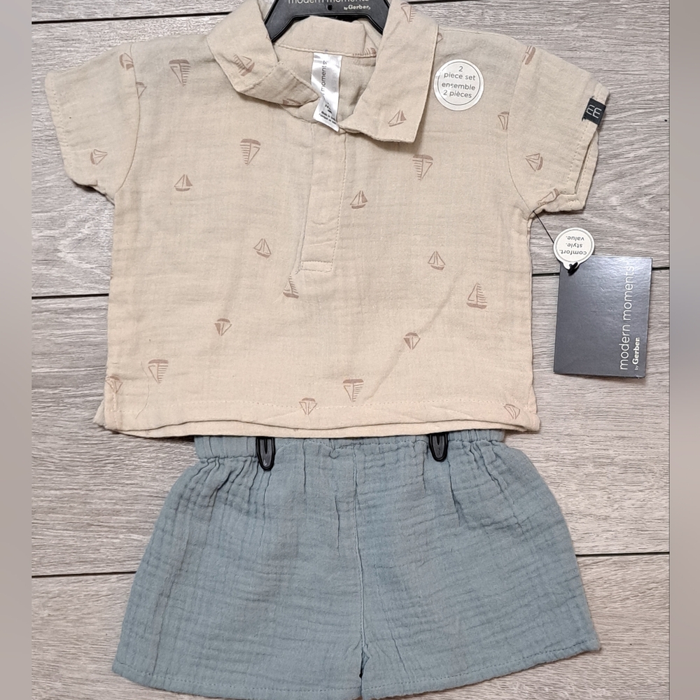 Brand New 2 Piece Kids Beige and Blue Shirt & Shorts Set